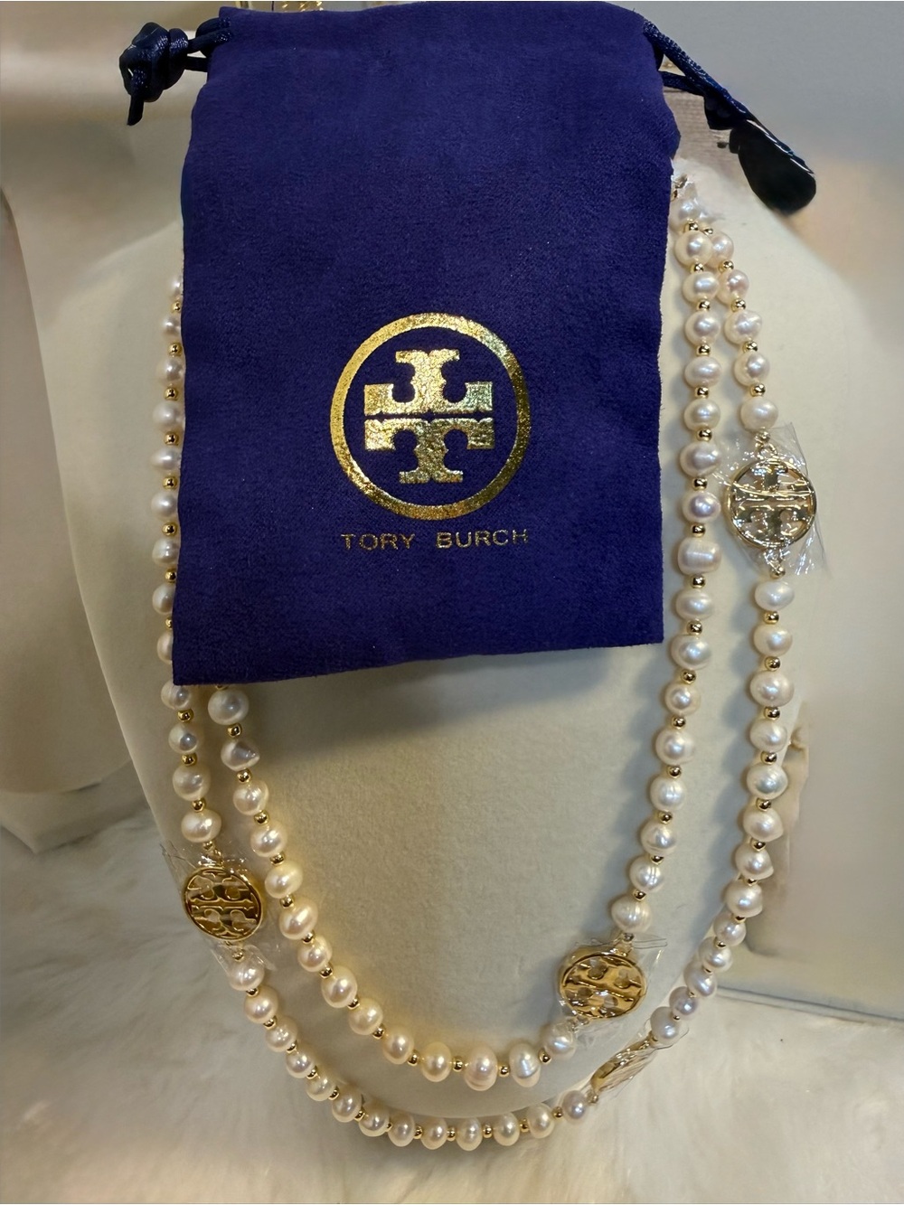 Tory Burch Triple-Strand Fresh Water Pearl Necklace with Gold Logo Discs